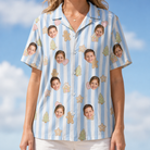 Model wearing Women's Spice Sprites Custom Face Hawaiian Shirt printed with kids' faces