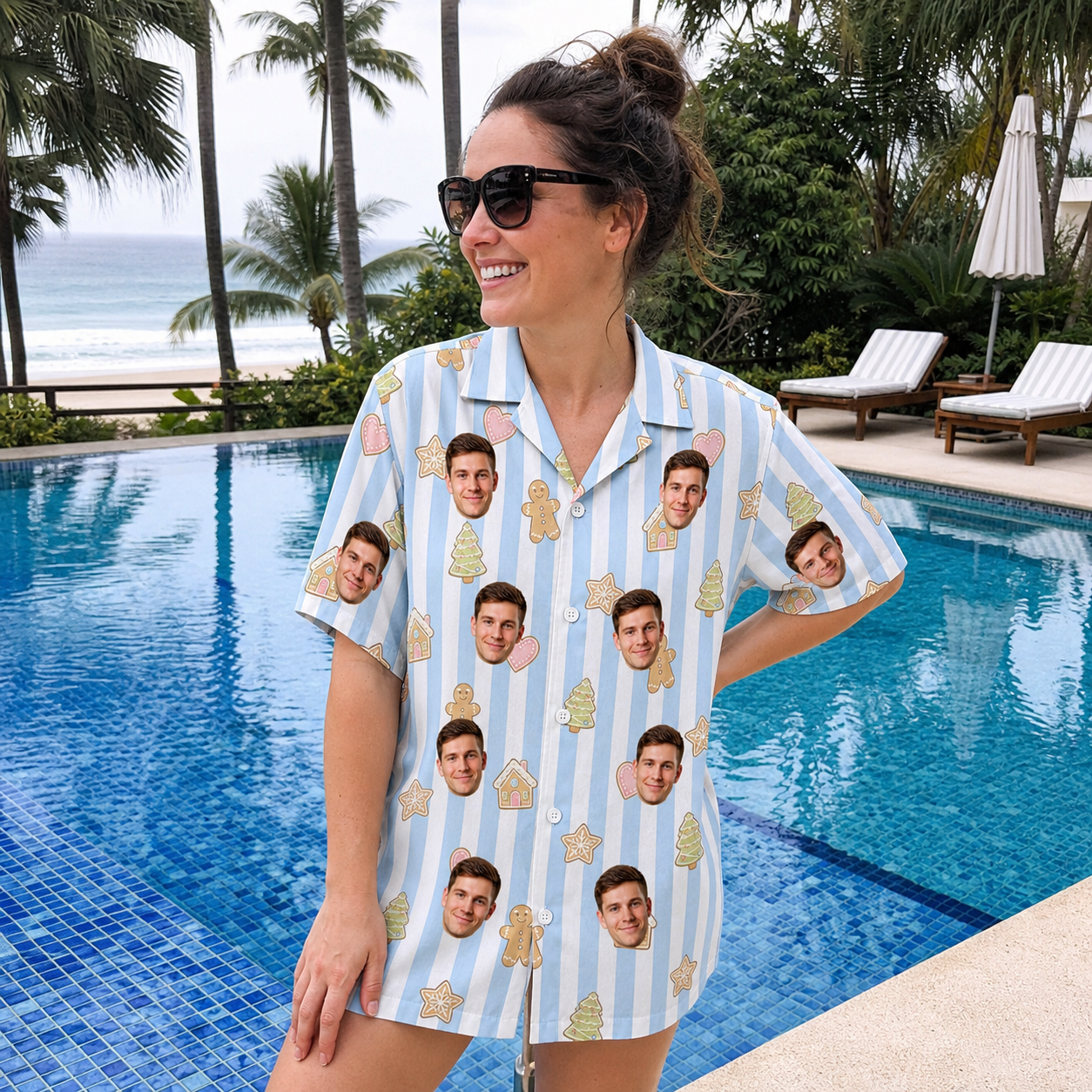 Real-life photo of someone wearing Women's Spice Sprites Custom Face Hawaiian Shirt — custom faces printed all-over