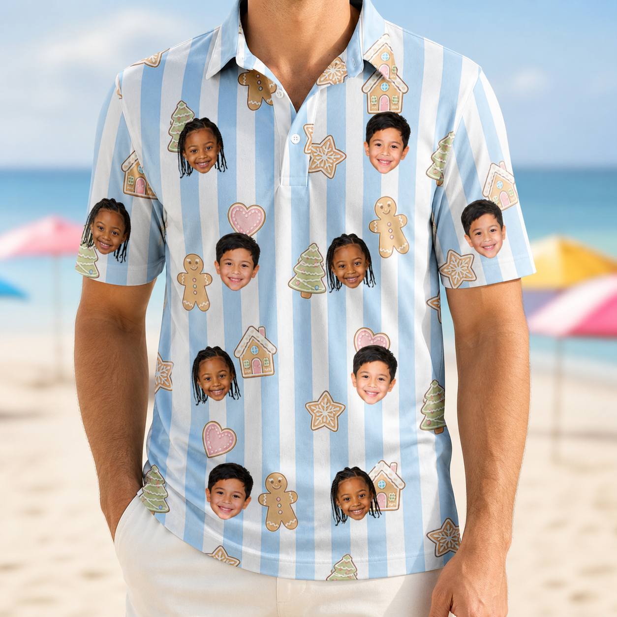Model wearing Men's Spice Sprites Custom Face Polo Shirt printed with kids' faces