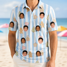 Model wearing Men's Spice Sprites Custom Face Polo Shirt printed with kids' faces