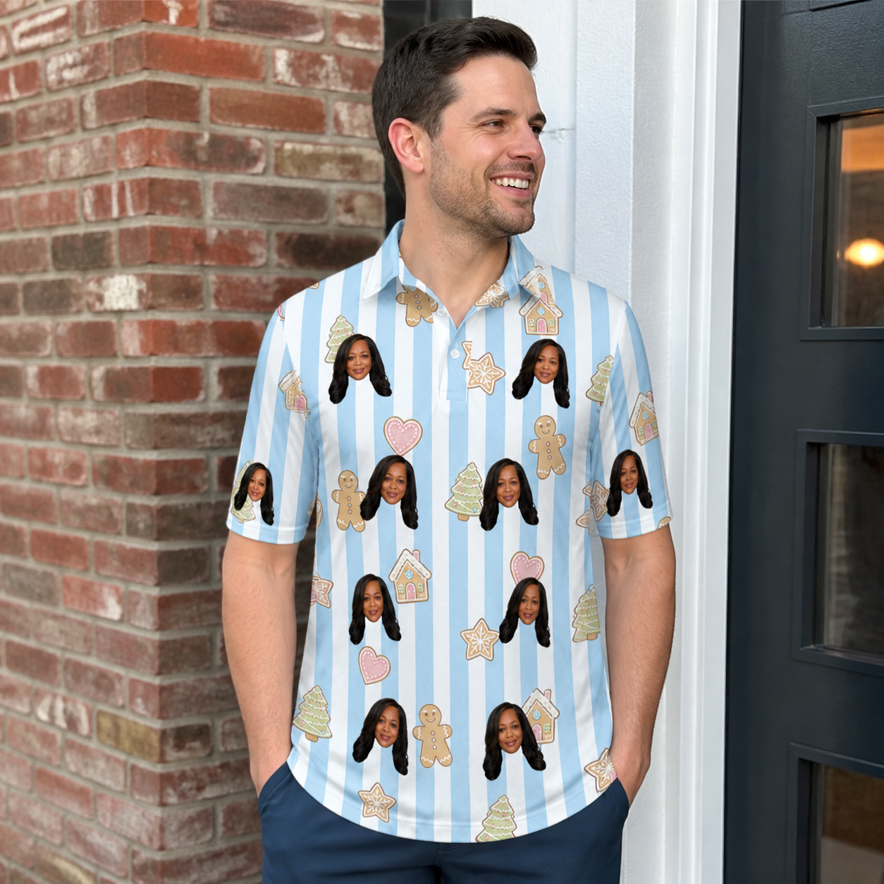Real-life photo of someone wearing Men's Spice Sprites Custom Face Polo Shirt — custom faces printed all-over