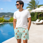 Real-life photo of someone wearing Men's Flake Frenzy Custom Face Beach Shorts — custom faces printed all-over