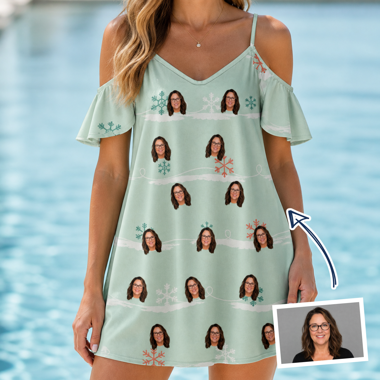 Woman wearing Women's Flake Frenzy Custom Face Off-Shoulder Dress — custom faces printed all-over