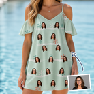 Woman wearing Women's Flake Frenzy Custom Face Off-Shoulder Dress — custom faces printed all-over