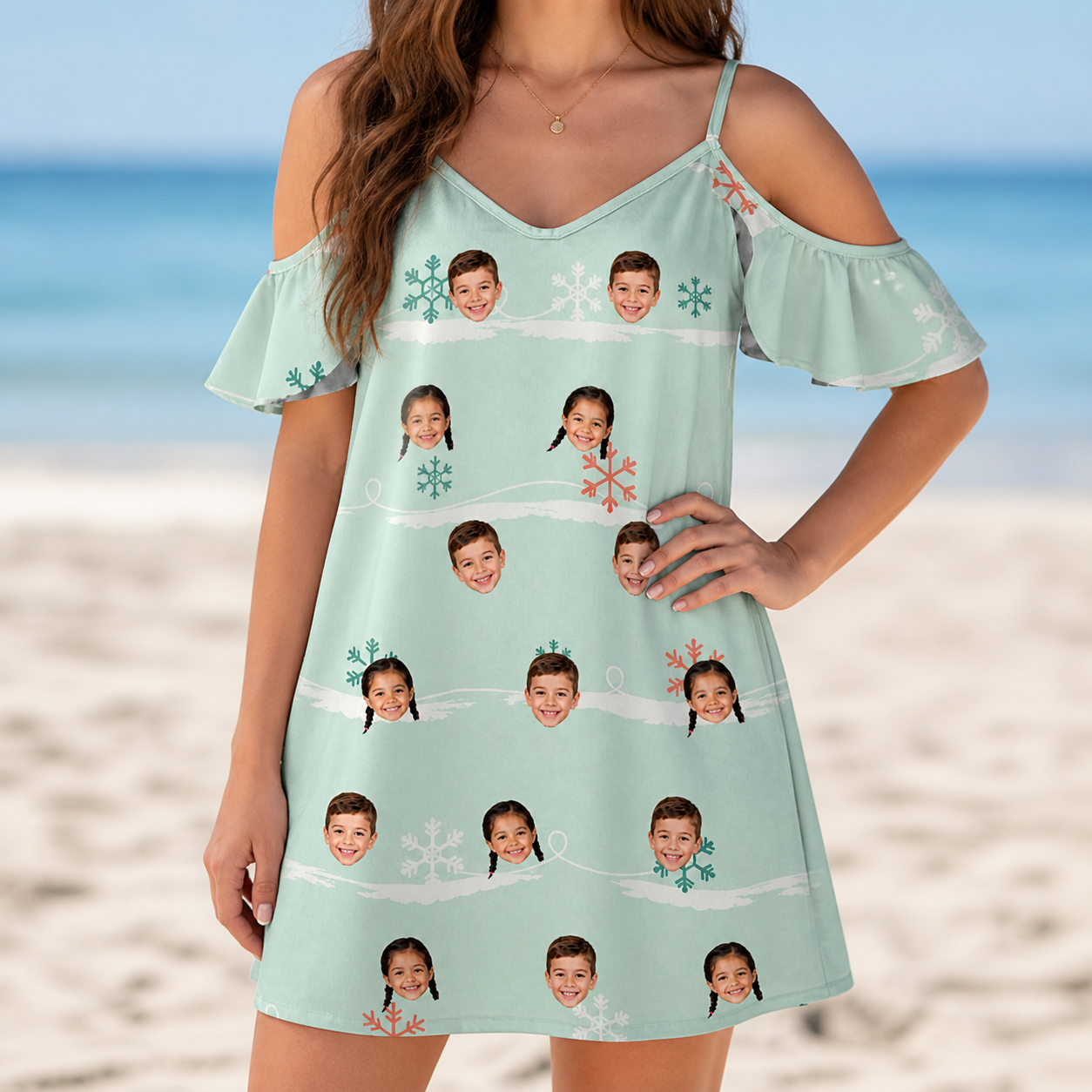 Model wearing Women's Flake Frenzy Custom Face Off-Shoulder Dress printed with kids' faces