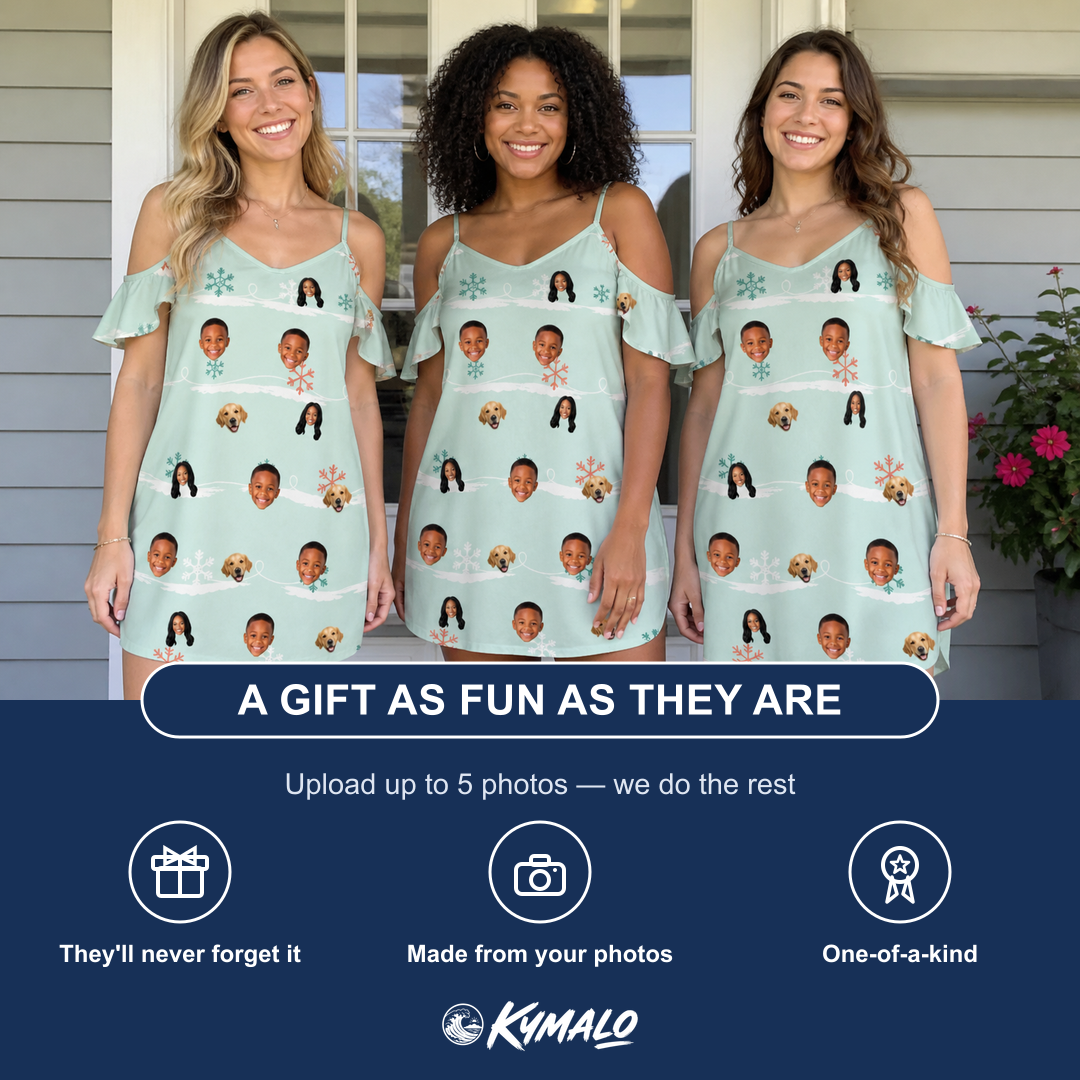 Friends in matching Women's Flake Frenzy Custom Face Off-Shoulder Dress — a group gift photo