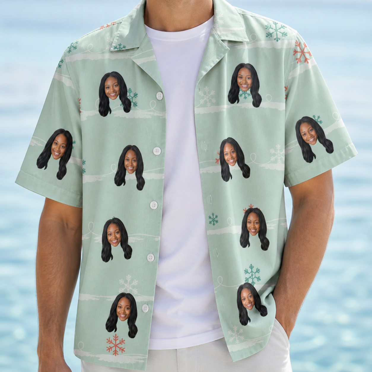Man wearing Men's Flake Frenzy Custom Face Hawaiian Shirt open over a white tee