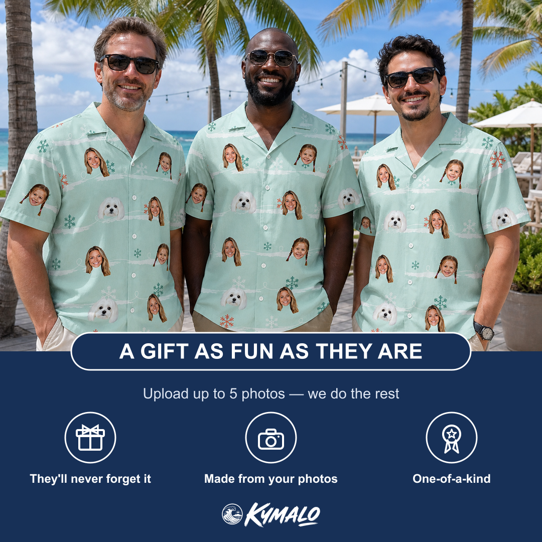 Friends in matching Men's Flake Frenzy Custom Face Hawaiian Shirt — a group gift photo
