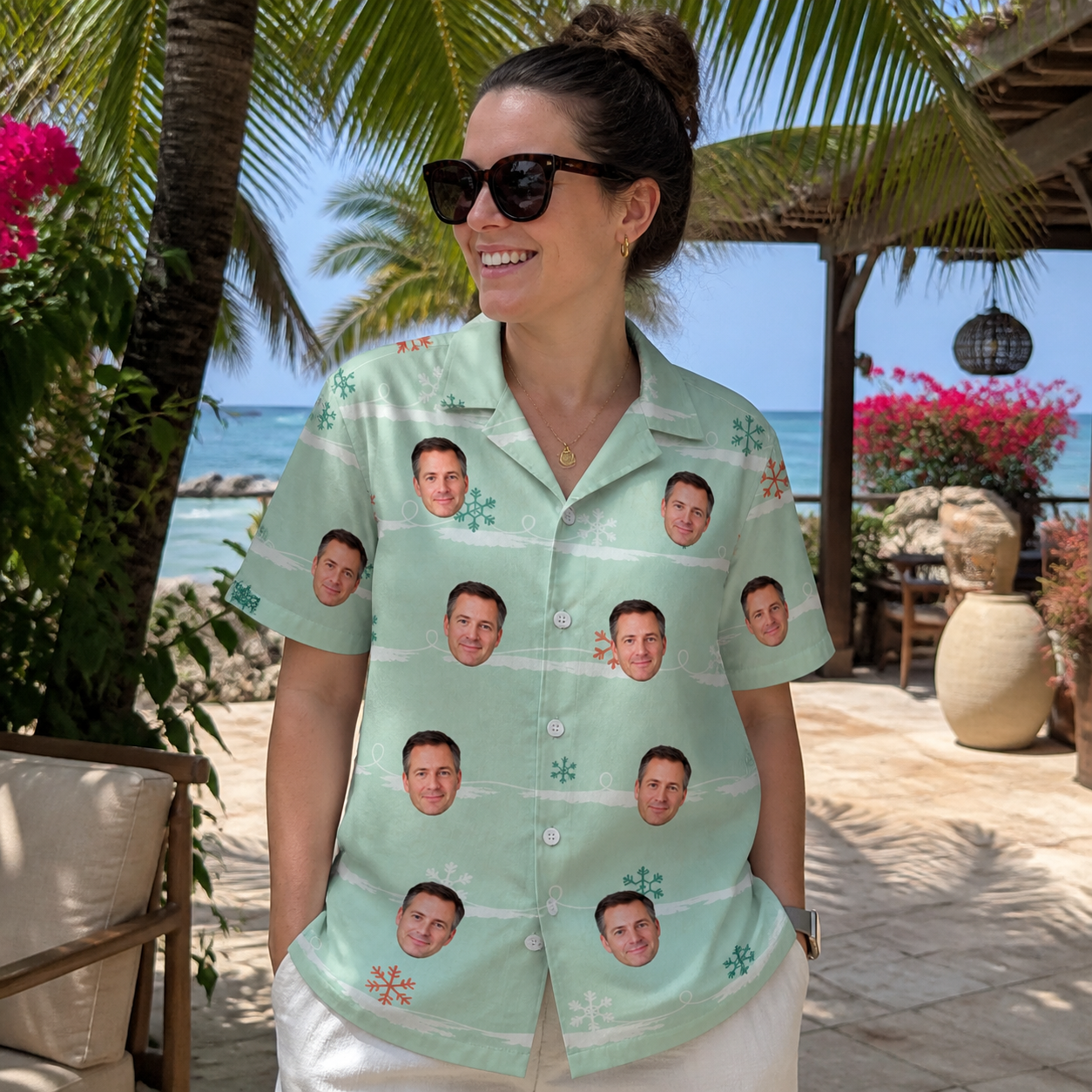 Real-life photo of someone wearing Women's Flake Frenzy Custom Face Hawaiian Shirt — custom faces printed all-over
