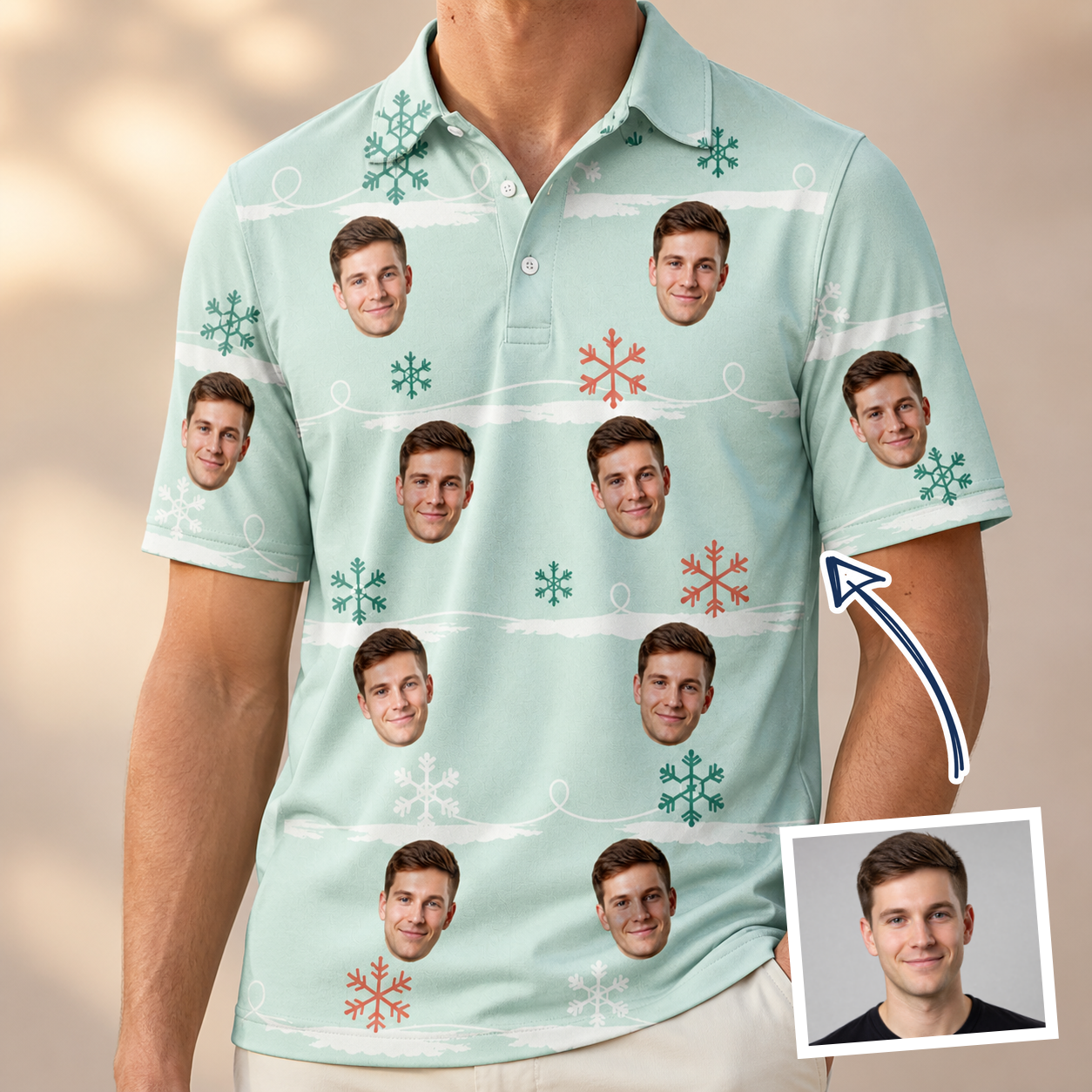 Man wearing Men's Flake Frenzy Custom Face Polo Shirt — custom faces printed all-over