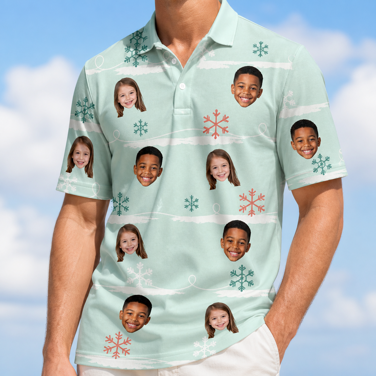 Model wearing Men's Flake Frenzy Custom Face Polo Shirt printed with kids' faces