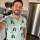 Real-life photo of someone wearing Men's Flake Frenzy Custom Face Polo Shirt — custom faces printed all-over