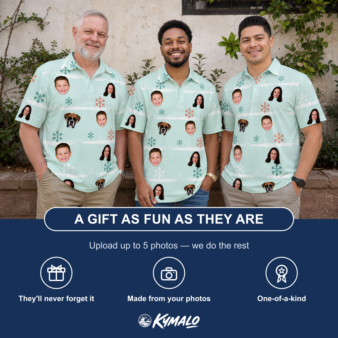 Friends in matching Men's Flake Frenzy Custom Face Polo Shirt — a group gift photo