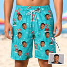 Man wearing Men's Sugar Stripes Custom Face Beach Shorts — custom faces printed all-over