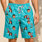 Model wearing Men's Sugar Stripes Custom Face Beach Shorts printed with kids' faces