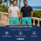 Friends in matching Men's Sugar Stripes Custom Face Beach Shorts — a group gift photo