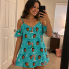 Real-life photo of someone wearing Women's Sugar Stripes Custom Face Off-Shoulder Dress — custom faces printed all-over