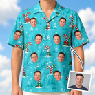 Man wearing Men's Sugar Stripes Custom Face Hawaiian Shirt — custom faces printed all-over