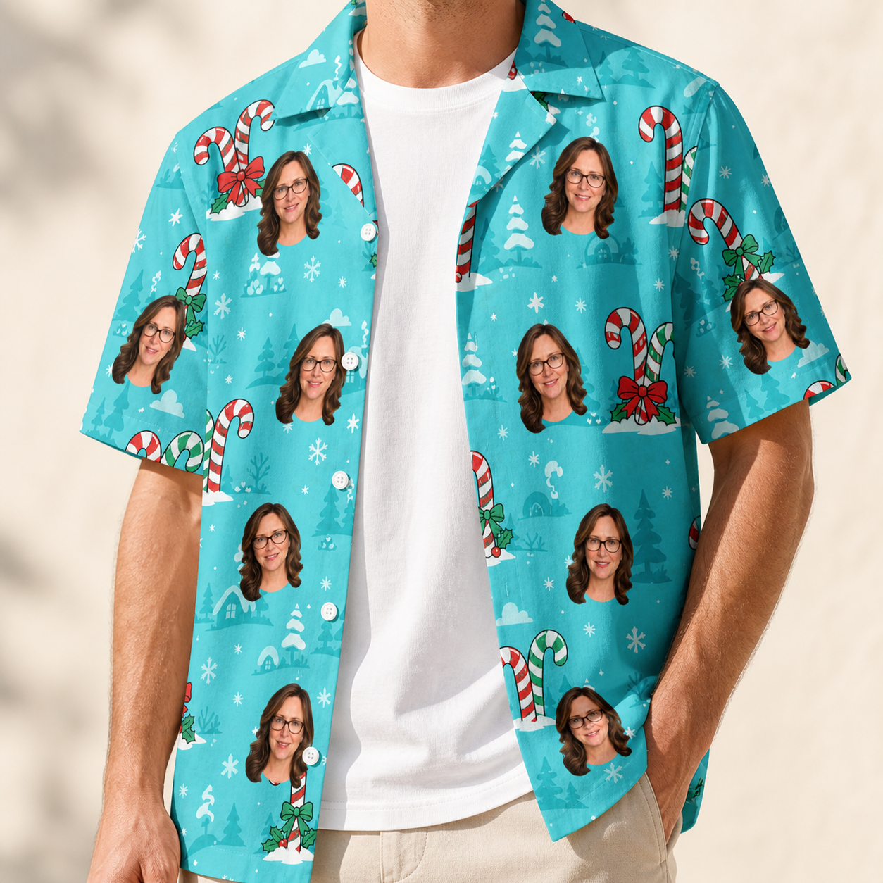 Man wearing Men's Sugar Stripes Custom Face Hawaiian Shirt open over a white tee