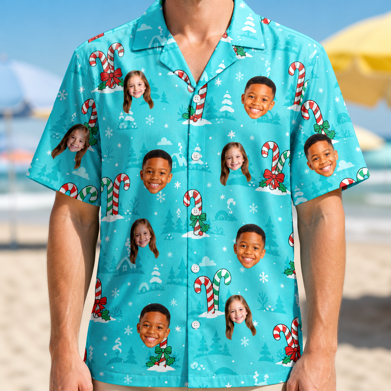 Model wearing Men's Sugar Stripes Custom Face Hawaiian Shirt printed with kids' faces