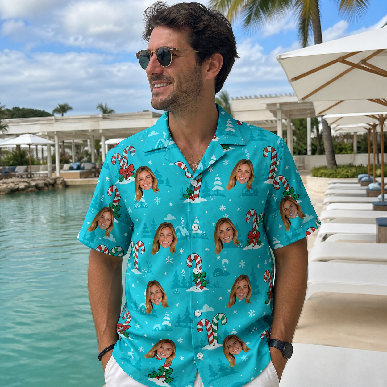 Real-life photo of someone wearing Men's Sugar Stripes Custom Face Hawaiian Shirt — custom faces printed all-over