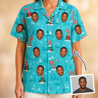 Woman wearing Women's Sugar Stripes Custom Face Hawaiian Shirt — custom faces printed all-over