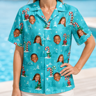Model wearing Women's Sugar Stripes Custom Face Hawaiian Shirt printed with kids' faces