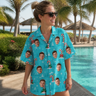 Real-life photo of someone wearing Women's Sugar Stripes Custom Face Hawaiian Shirt — custom faces printed all-over