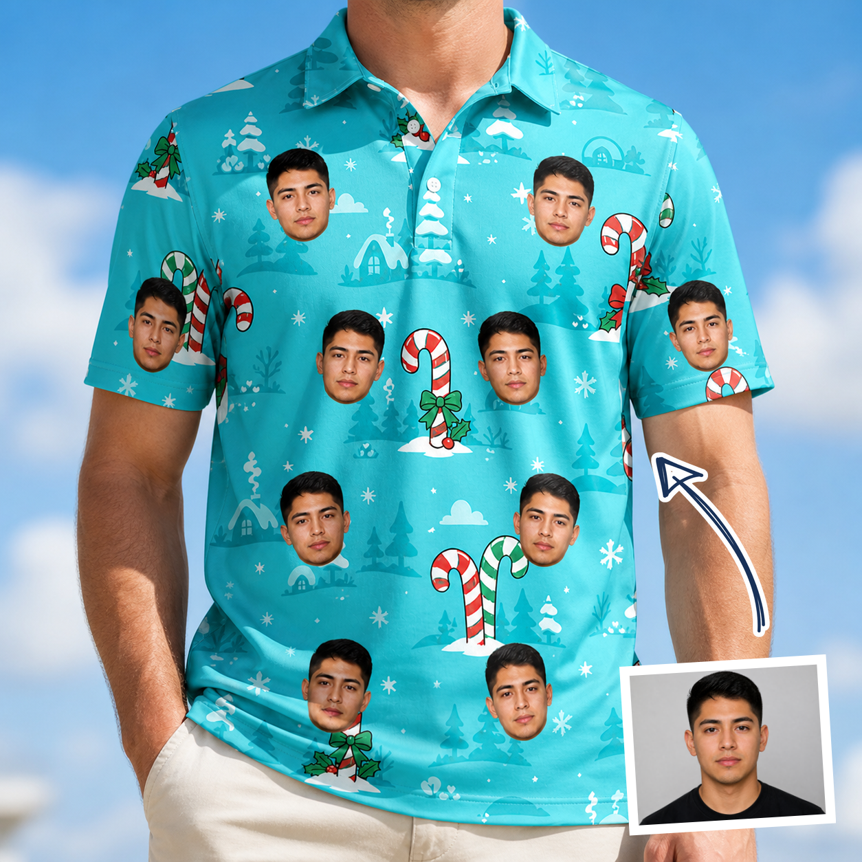 Man wearing Men's Sugar Stripes Custom Face Polo Shirt — custom faces printed all-over