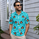 Real-life photo of someone wearing Men's Sugar Stripes Custom Face Polo Shirt — custom faces printed all-over