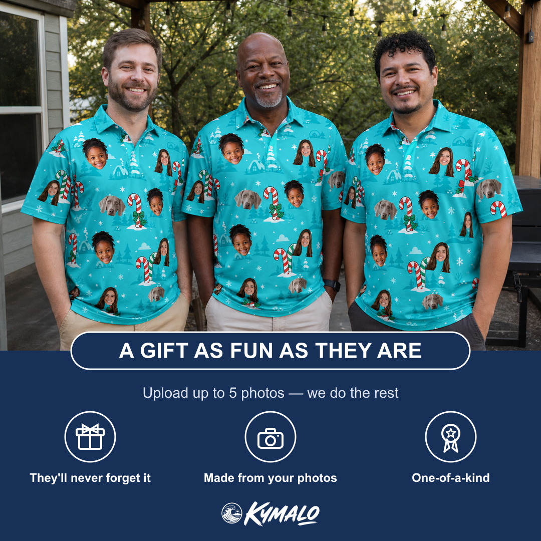 Friends in matching Men's Sugar Stripes Custom Face Polo Shirt — a group gift photo