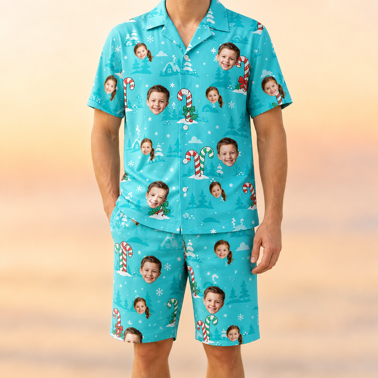 Model wearing Men's Sugar Stripes Custom Face Shirt & Shorts Set printed with kids' faces