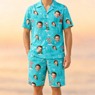 Model wearing Men's Sugar Stripes Custom Face Shirt & Shorts Set printed with kids' faces