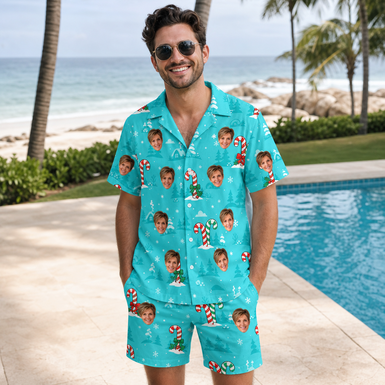 Real-life photo of someone wearing Men's Sugar Stripes Custom Face Shirt & Shorts Set — custom faces printed all-over
