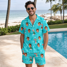 Real-life photo of someone wearing Men's Sugar Stripes Custom Face Shirt & Shorts Set — custom faces printed all-over