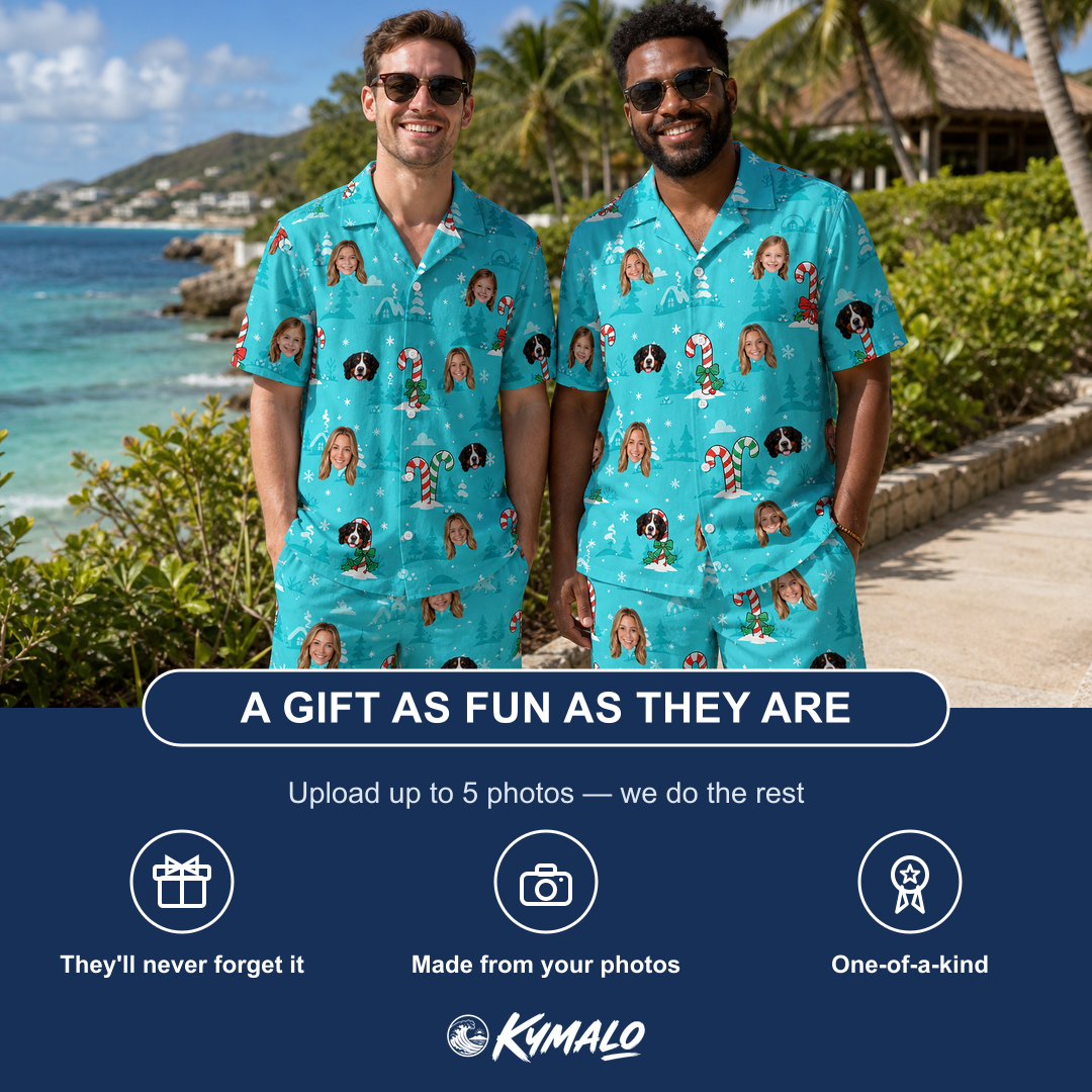 Friends in matching Men's Sugar Stripes Custom Face Shirt & Shorts Set — a group gift photo