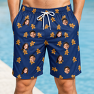 Model wearing Men's Cookie Kringle Custom Face Beach Shorts printed with kids' faces