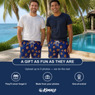 Friends in matching Men's Cookie Kringle Custom Face Beach Shorts — a group gift photo