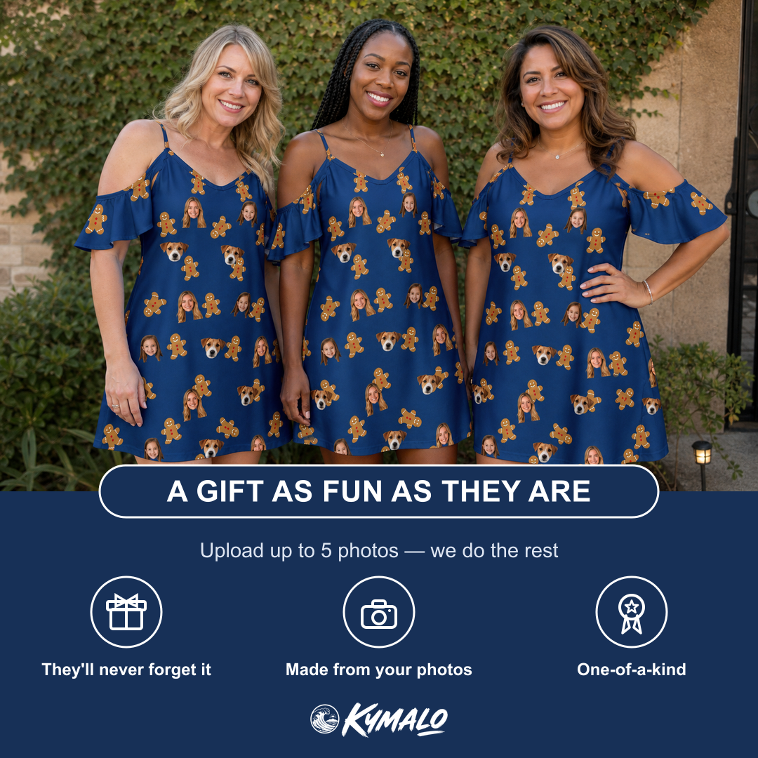 Friends in matching Women's Cookie Kringle Custom Face Off-Shoulder Dress — a group gift photo