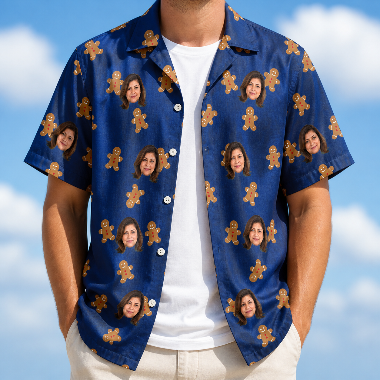 Man wearing Men's Cookie Kringle Custom Face Hawaiian Shirt open over a white tee