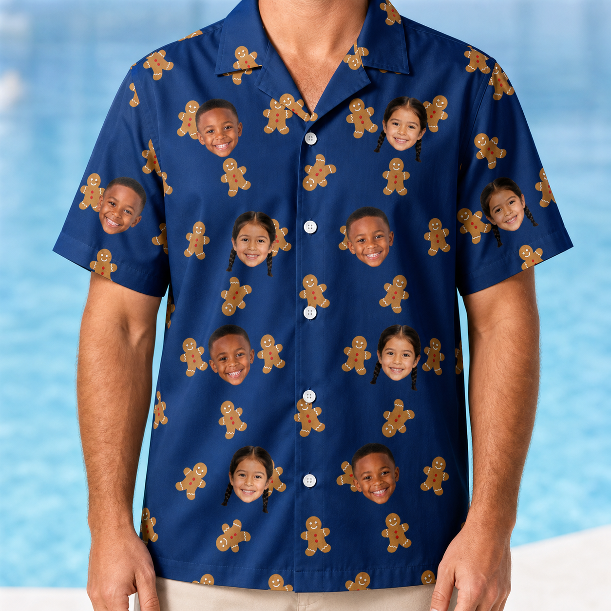 Model wearing Men's Cookie Kringle Custom Face Hawaiian Shirt printed with kids' faces