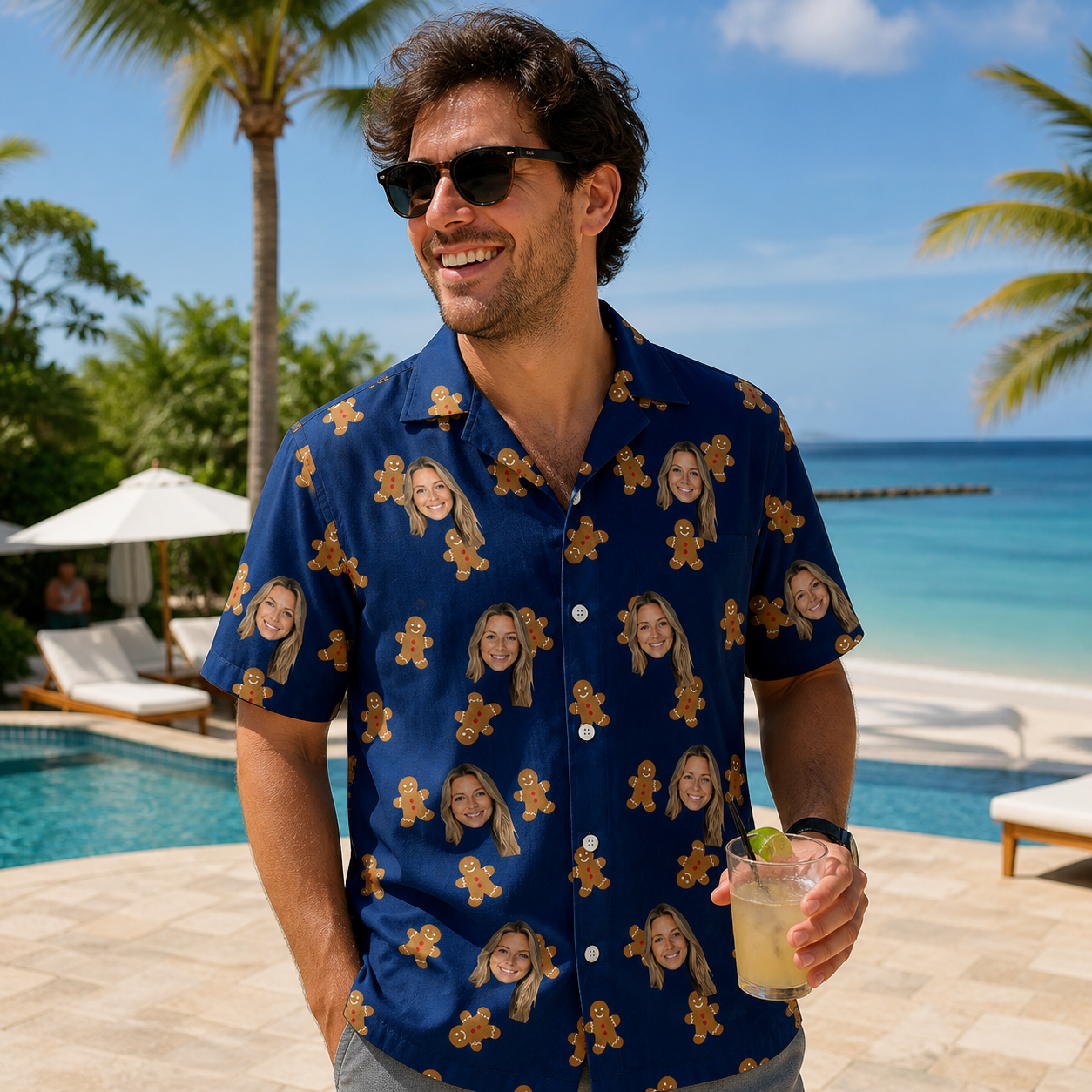 Real-life photo of someone wearing Men's Cookie Kringle Custom Face Hawaiian Shirt — custom faces printed all-over