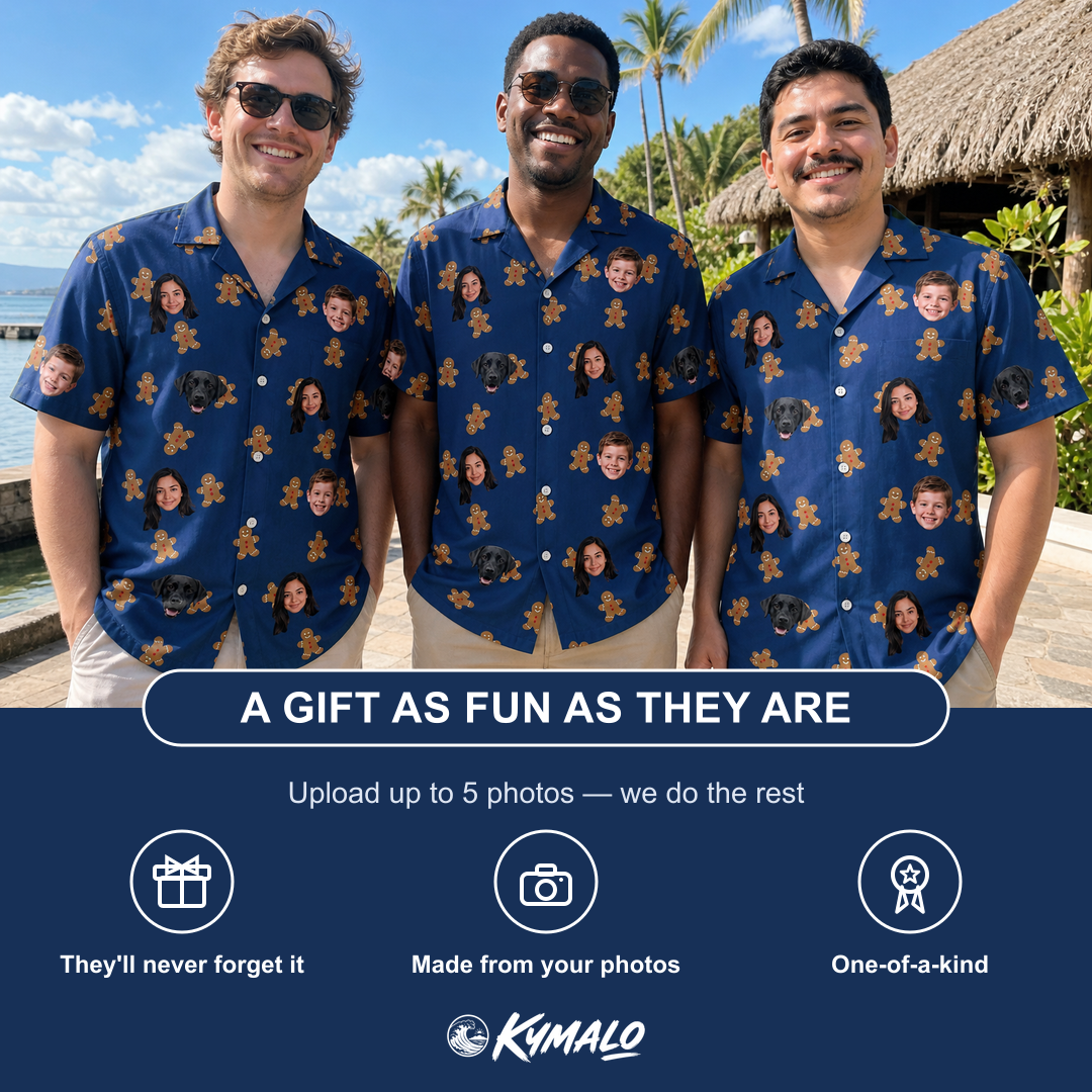 Friends in matching Men's Cookie Kringle Custom Face Hawaiian Shirt — a group gift photo