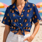 Woman wearing Women's Cookie Kringle Custom Face Hawaiian Shirt tied at the waist