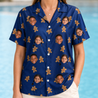 Model wearing Women's Cookie Kringle Custom Face Hawaiian Shirt printed with kids' faces