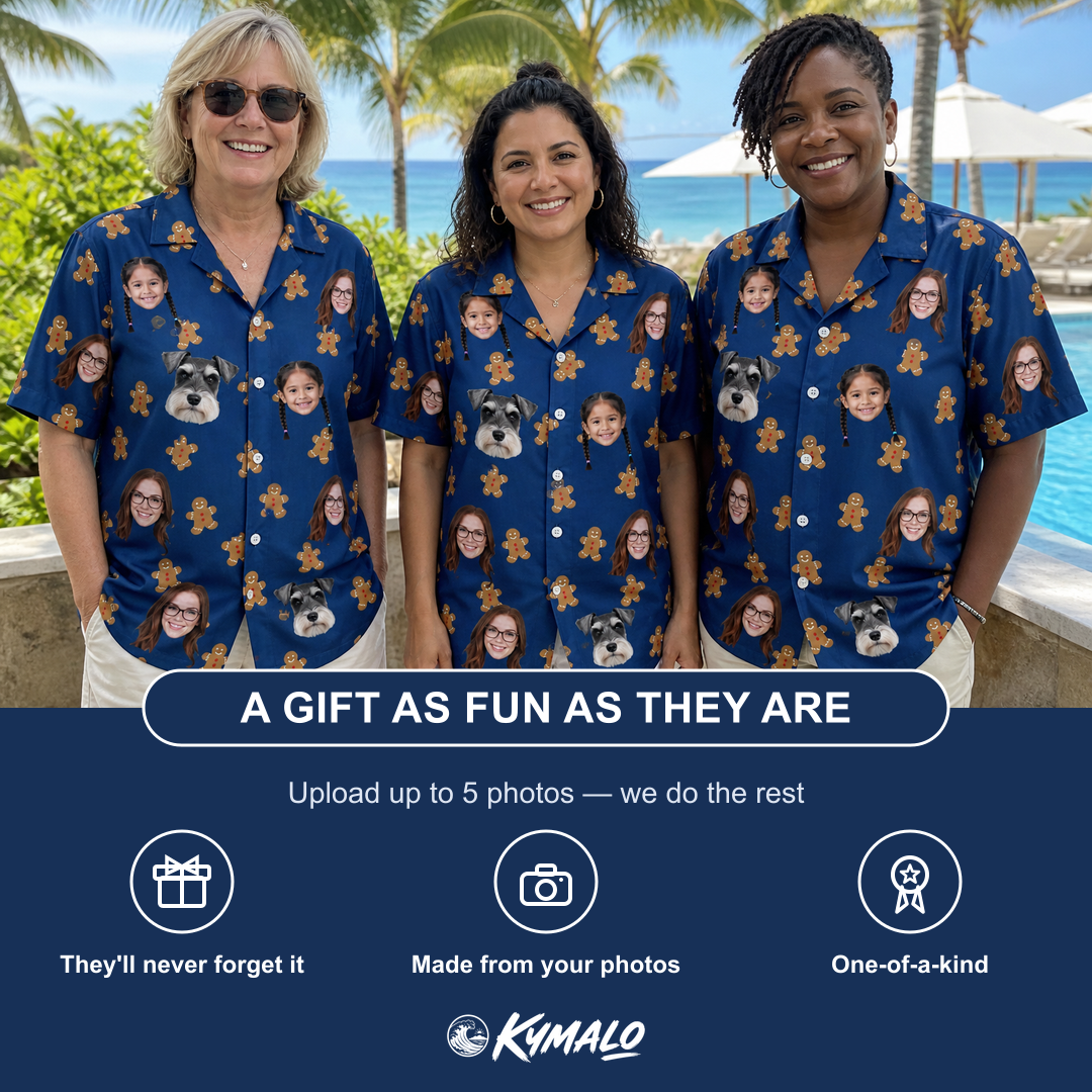 Friends in matching Women's Cookie Kringle Custom Face Hawaiian Shirt — a group gift photo
