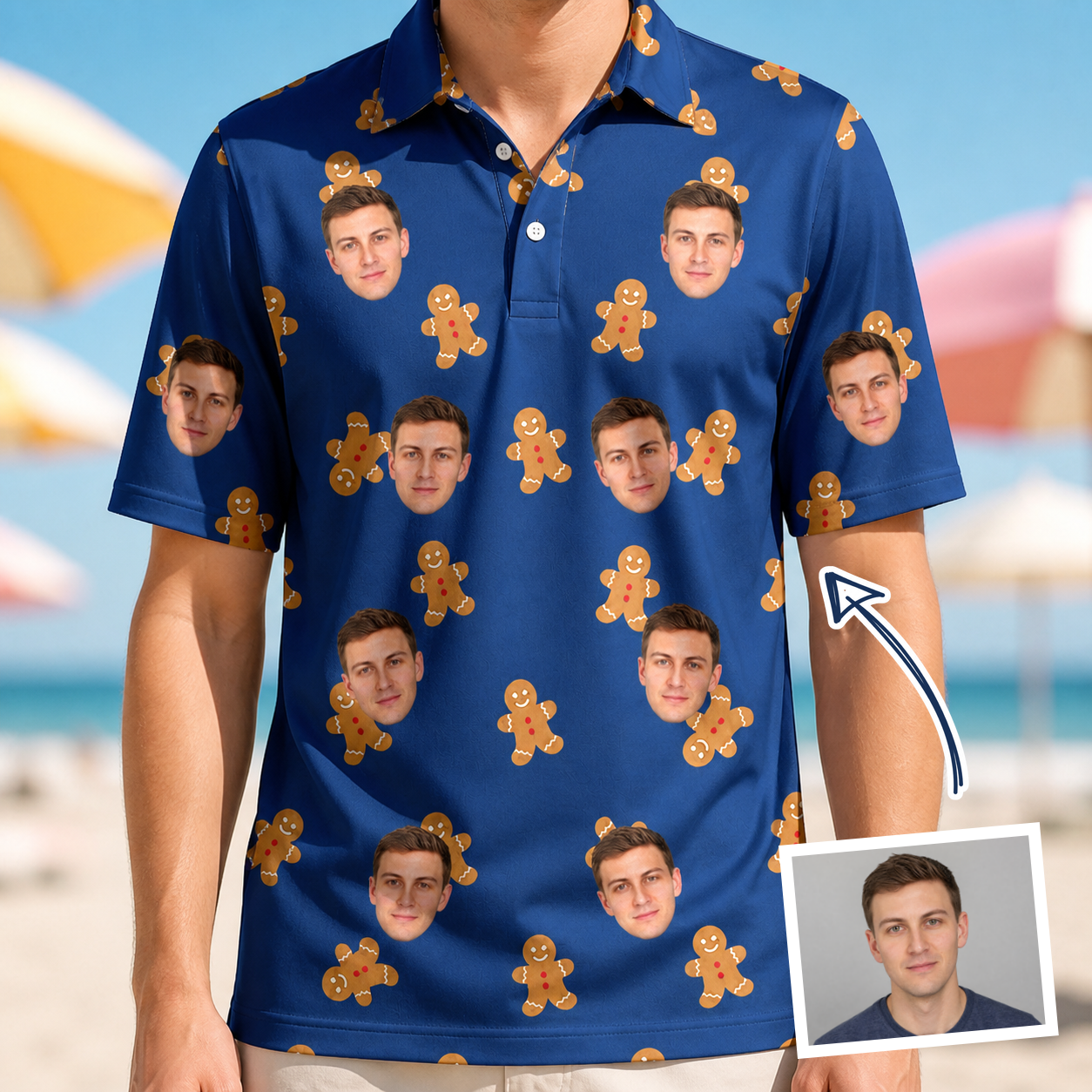 Man wearing Men's Cookie Kringle Custom Face Polo Shirt — custom faces printed all-over