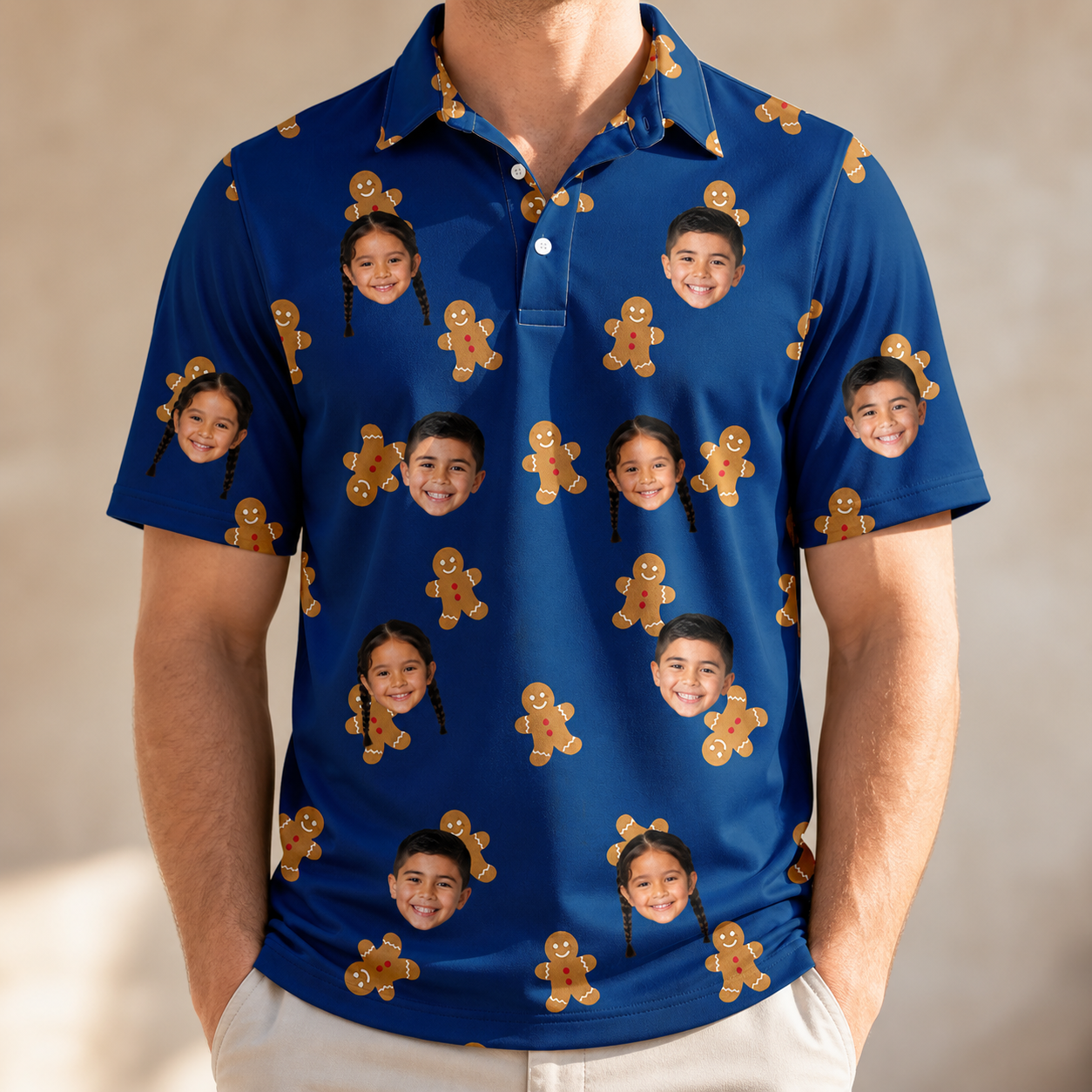 Model wearing Men's Cookie Kringle Custom Face Polo Shirt printed with kids' faces