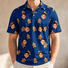 Model wearing Men's Cookie Kringle Custom Face Polo Shirt printed with kids' faces
