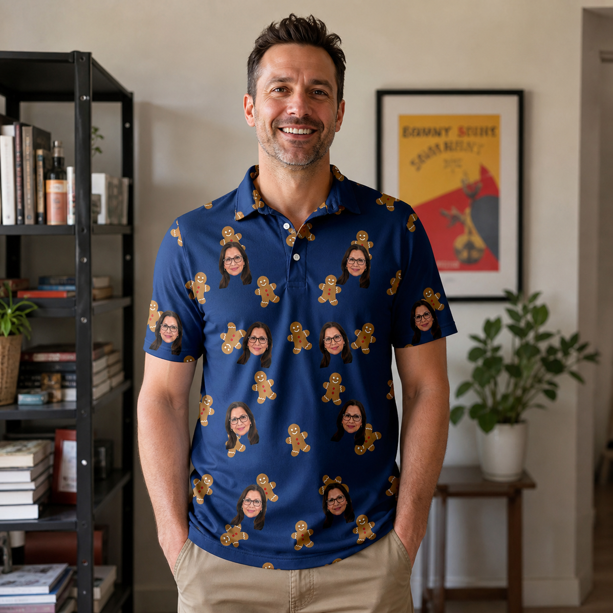 Real-life photo of someone wearing Men's Cookie Kringle Custom Face Polo Shirt — custom faces printed all-over